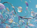 Schilderij van kristallen ranken en zeepbellen tegen een blauwe lucht