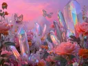 Schilderij van kristallen en roze pioenrozen met vlinders in de schemering