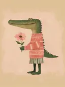 Krokodil in gebreide trui met een roze bloem in de hand