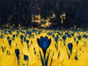 Krokus aan de bosrand in blauwgeel, schilderij van krokus aan de bosrand