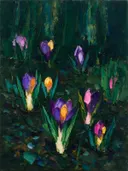 Krokus aan de bosrand in bosgroen, schilderij van krokus aan de bosrand