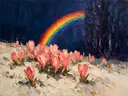 Krokus aan de bosrand in koraal, schilderij van krokus tegen de lucht