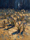 Krokus aan de bosrand in zandduin, schilderij van krokus aan de bosrand