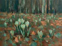 Krokus aan de bosrand in zeegroen, schilderij van krokus tegen de lucht