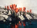 Krokus aan de oever in antracietkoraal, schilderij van krokus aan de oever