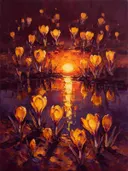 Krokus aan de oever in saffraan, schilderij van krokus onder de hemel