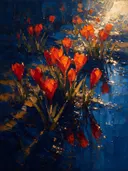 Krokus aan de oever in vuur, schilderij van krokus van dichtbij