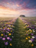 Landschapsfoto van krokus bij de ochtendmist, met een boerderijtje aan het einde van de rijen