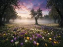 Landschapsfoto van krokus bij de ochtendmist, met een oude olijfboom