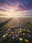 Landschapsfoto van krokus bij de ochtendmist, met witte duiven die opvliegen