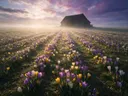 Landschapsfoto van krokus bij de ochtendmist, met een verweerde schuur aan de rand van het veld
