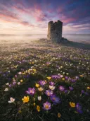 Landschapsfoto van krokus bij de ochtendmist, met de ruïne van een oude toren