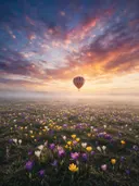 Landschapsfoto van krokus bij de ochtendmist, met een luchtballon boven de horizon