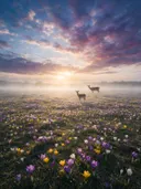 Landschapsfoto van krokus bij de ochtendmist, met een hert