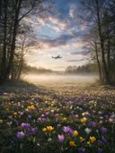 Landschapsfoto van krokus bij de ochtendmist, met een klein vliegtuigje hoog in de lucht