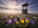 Landschapsfoto van krokus bij de ochtendmist, met een oude waterput