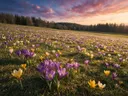 Landschapsfoto van krokus bij het gouden uur, met een vlinder op de bloemen