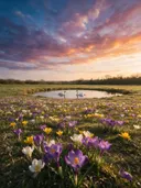 Landschapsfoto van krokus bij het gouden uur, met zwanen