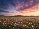 Landschapsfoto van krokus bij het gouden uur, met een kerktoren die boven de bomen uitsteekt