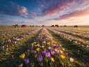 Landschapsfoto van krokus bij het gouden uur, met een kleine kudde paarden