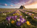 Landschapsfoto van krokus bij het gouden uur, met een rieten boerderijwoning tussen de rijen