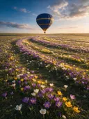 Landschapsfoto van krokus bij het gouden uur, met een luchtballon boven de horizon