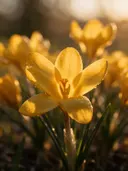 Macrofotografie van dauwdruppels op krokus, gouden gloed, goudgeel
