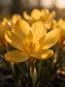 Macrofotografie van dauwdruppels op krokus, gouden gloed, goudgeel