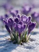 Fotografie van krokus in de vorst, dieppaars