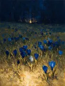 Krokus in de weide in diepblauw, schilderij van krokus