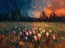 Krokus in de weide in groenroze, schilderij van krokus