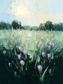 Krokus in de weide in mint, schilderij van krokus onder een storm