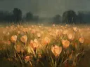 Krokus in de weide in perzik, schilderij van krokus onder een storm
