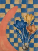 Schilderij van krokus in delfsblauw en mosterd, in vlakke kleurvlakken