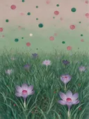 Schilderij van krokus in framboos en jade, in vlakke kleurvlakken