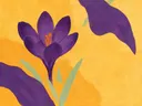 Schilderij van krokus in goudgeel en paars, in vlakke kleurvlakken