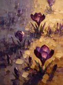 Krokus in groepjes in aubergine, schilderij van krokus