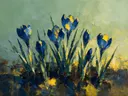 Krokus in groepjes in blauwgeel, schilderij van krokus aan de bosrand