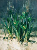 Krokus in groepjes in bosgroen, schilderij van krokus aan de bosrand