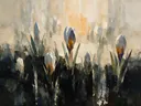 Krokus in groepjes in saliegrijs, schilderij van krokus