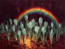 Krokus in groepjes in zeegroen, schilderij van krokus tegen de lucht
