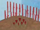 Schilderij van krokus in hemelblauw en klaproosrood, in vlakke kleurvlakken