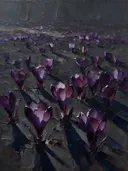 Krokus in het landschap in aubergine, schilderij van krokus