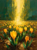 Krokus in het landschap in bosgroen, schilderij van krokus aan de bosrand