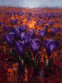 Krokus in het landschap in paarsoranje, schilderij van krokus
