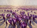 Krokus in het landschap in violet, schilderij van krokus
