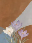 Schilderij van krokus in kaneel en duifgrijs, in vlakke kleurvlakken