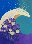 Schilderij van krokus in koele kleuren bij elkaar, in vlakke kleurvlakken