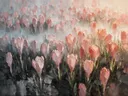 Krokus in koraal, schilderij van krokus tegen de lucht
