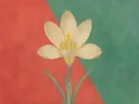 Schilderij van krokus in koraalrood en zeegroen, in vlakke kleurvlakken